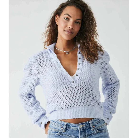 Free People SNOWDRIFT Open Knit Henley Pullover Sweater in Peri Ice M NWOT $138 - Picture 1 of 12